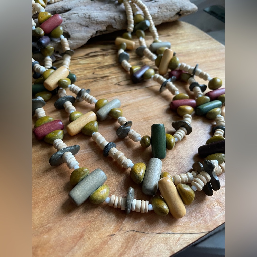 Autumnal wooden necklace, triple strand